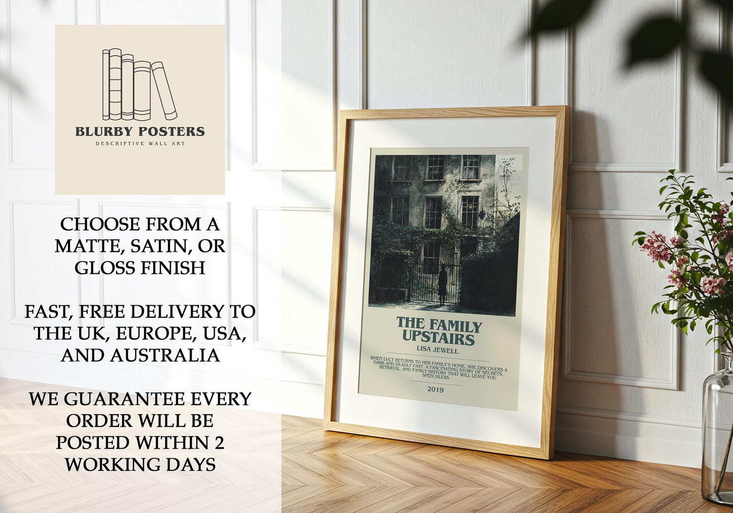 The Family Upstairs by Lisa Jewell Descriptive Poster Print. Free Delivery Wall Art Author & Blurb Book Artwork Novel Modern Gift