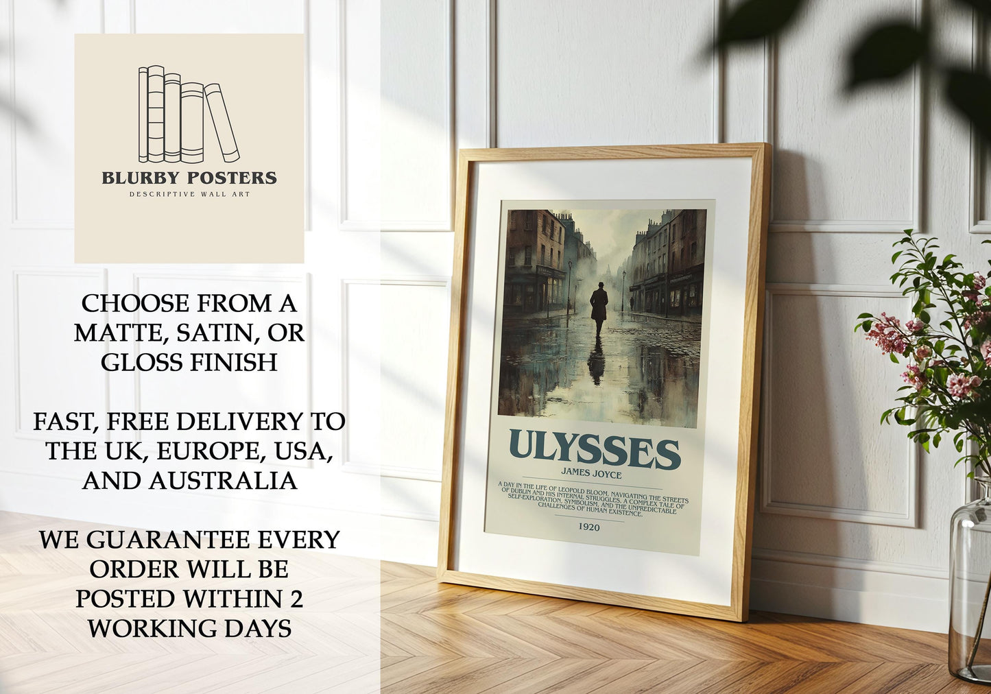 Ulysses by James Joyce Descriptive Poster Print. Free Delivery Wall Art Author & Blurb Book Artwork Novel Modern Gift