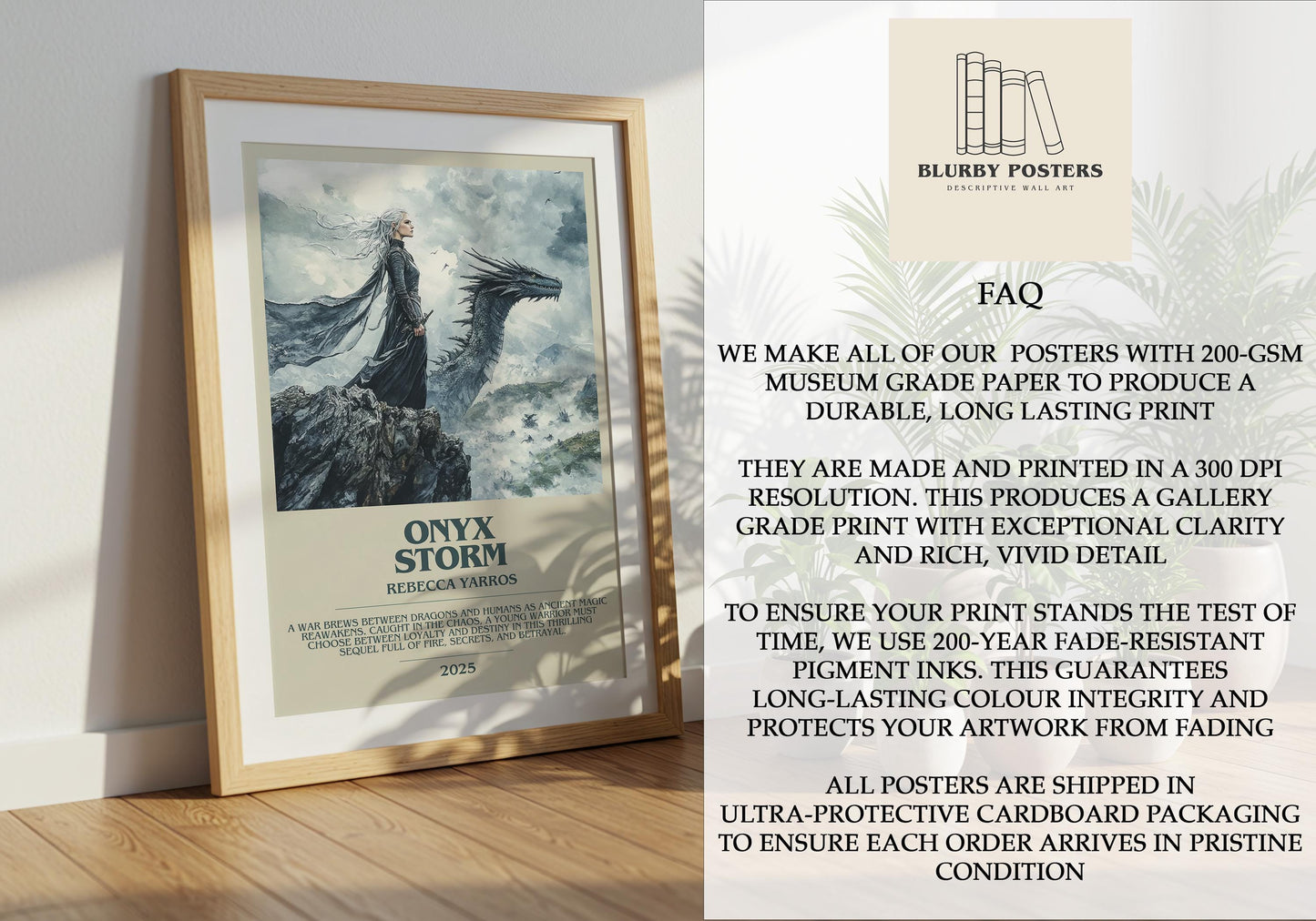 Onyx Storm by Rebecca Yarros Descriptive Poster Print. Free Delivery Wall Art Author & Blurb Book Artwork Novel Modern Gift