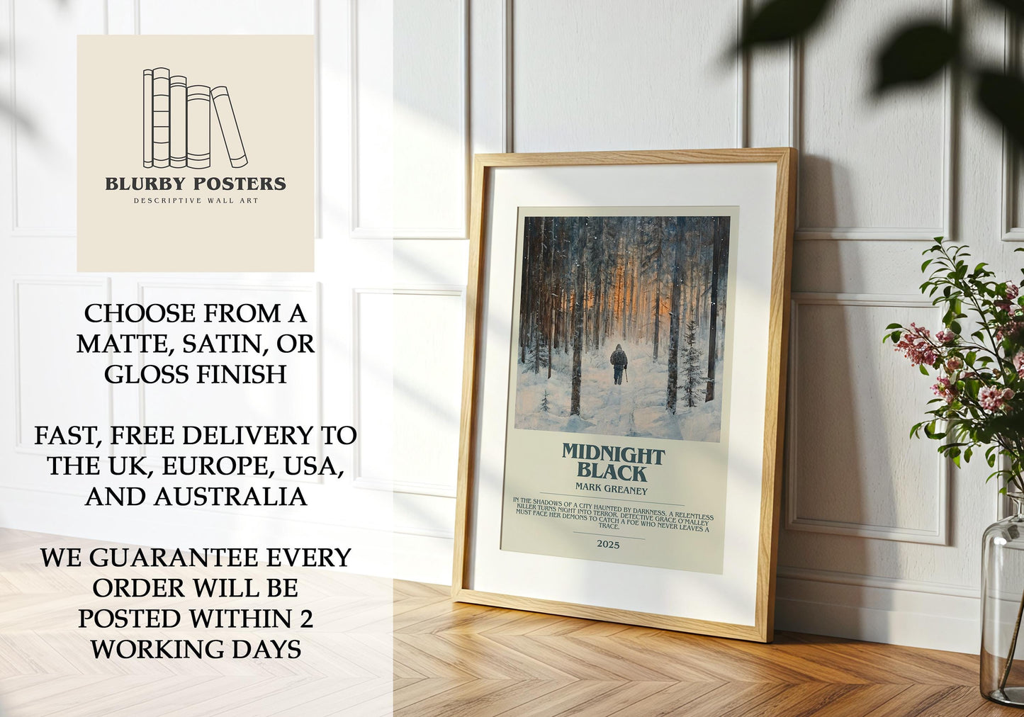 Midnight Black by Mark Greaney Descriptive Poster Print. Free Delivery Wall Art Author & Blurb Book Artwork Novel Modern Gift