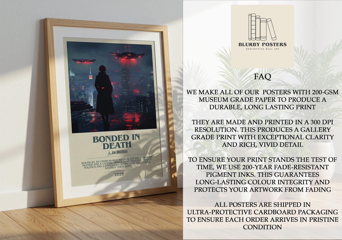 Bonded In Death by J.D. Robb Descriptive Poster Print. Free Delivery Wall Art Author & Blurb Book Artwork Novel Modern Gift