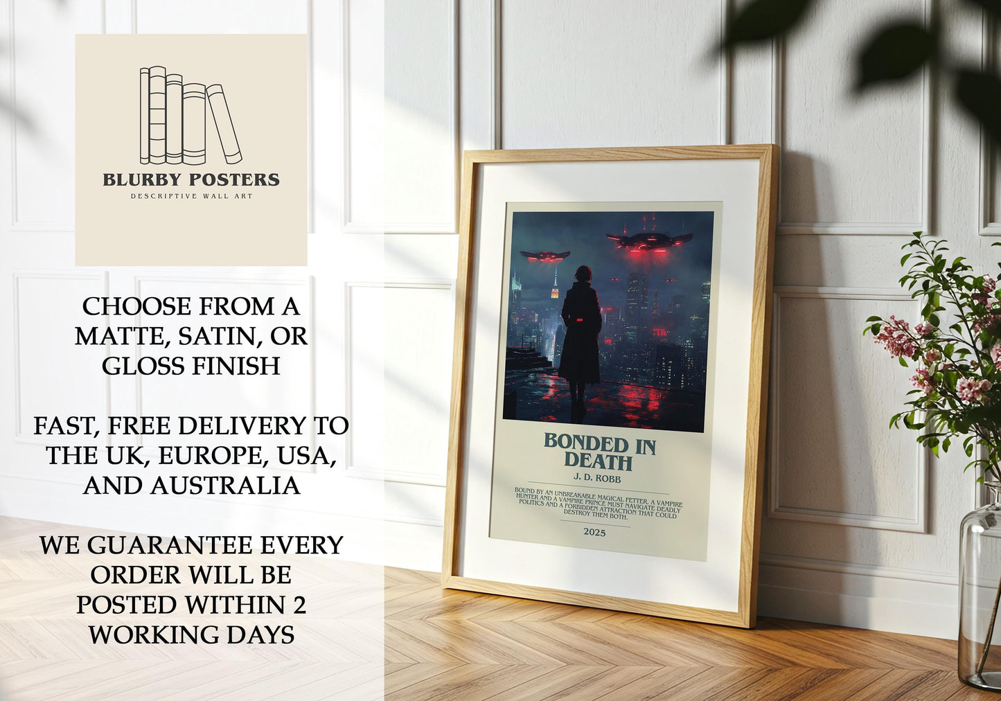 Bonded In Death by J.D. Robb Descriptive Poster Print. Free Delivery Wall Art Author & Blurb Book Artwork Novel Modern Gift