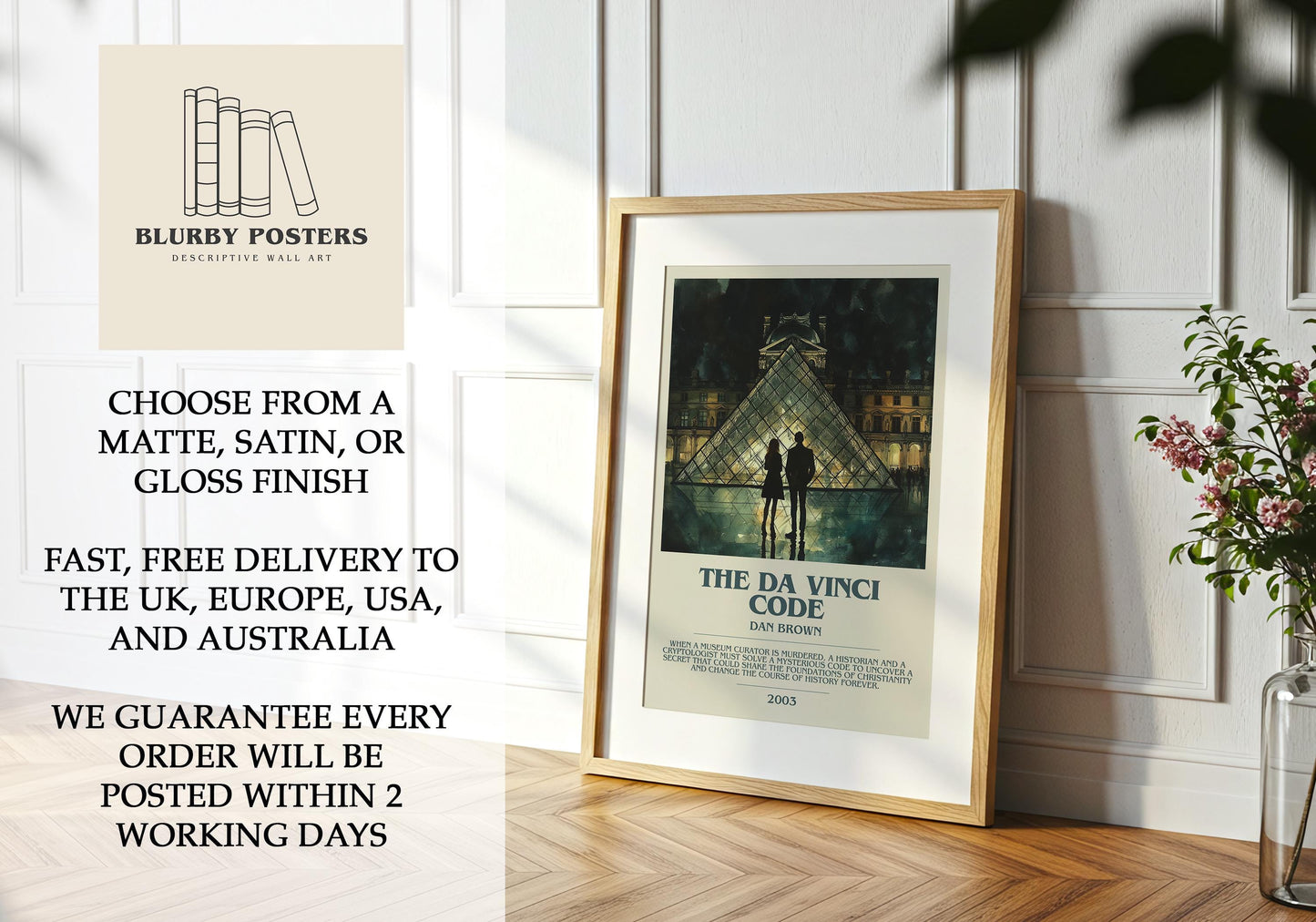 The Da Vinci Code by Dan Brown Descriptive Poster Print. Free Delivery Wall Art Author & Blurb Book Artwork Novel Modern Gift