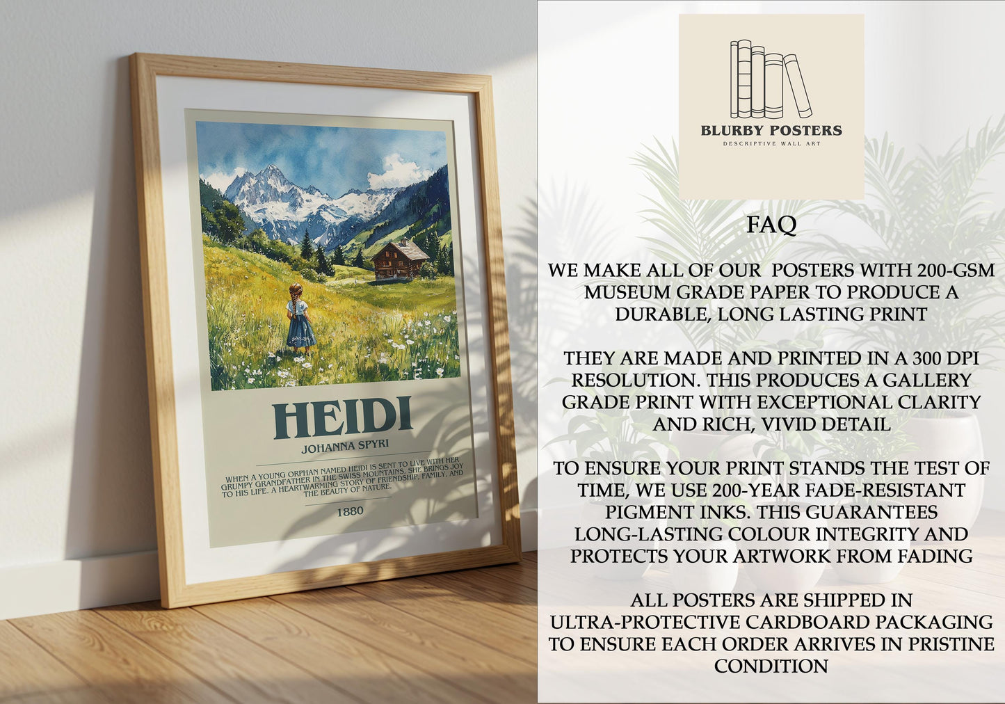 Heidi by Johanna Spyri Descriptive Poster Print. Free Delivery Wall Art Author & Blurb Book Artwork Novel Modern Gift