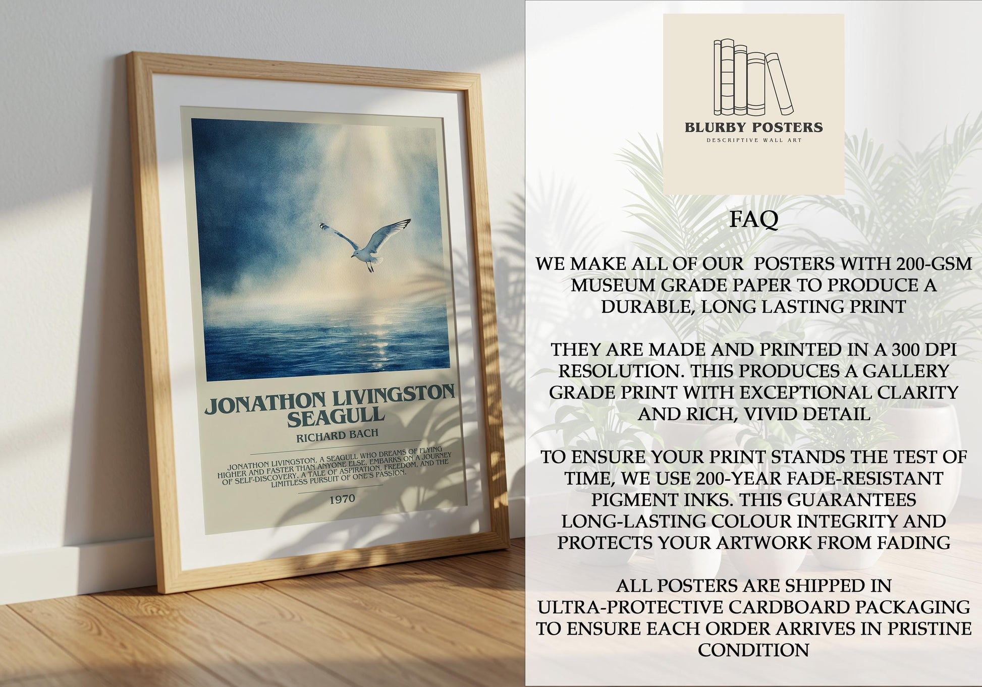 Jonathan Livingston Seagull by Richard Bach Descriptive Poster Print. Free Delivery Wall Art Author & Blurb Book Artwork Novel Modern Gift