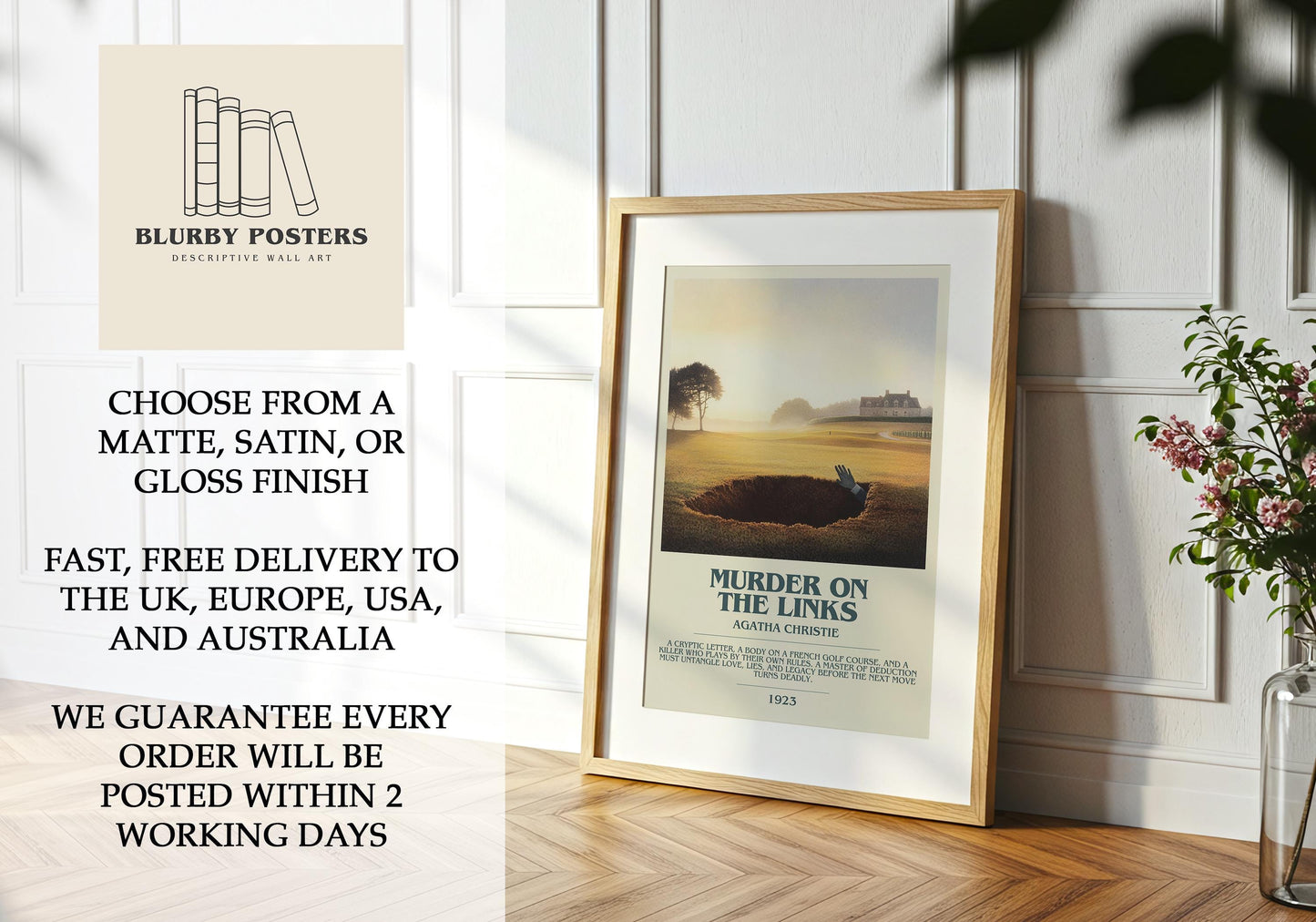 Murder On The Links by Agatha Christie Descriptive Poster Print. Free Delivery Wall Art Author & Blurb Book Artwork Novel Modern Gift