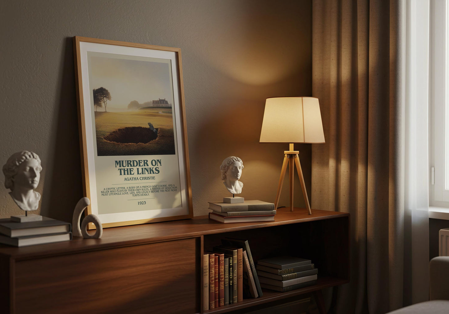 Murder On The Links by Agatha Christie Descriptive Poster Print. Free Delivery Wall Art Author & Blurb Book Artwork Novel Modern Gift