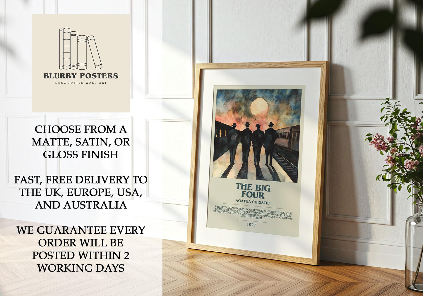 The Big Four by Agatha Christie Descriptive Poster Print. Free Delivery Wall Art Author & Blurb Book Artwork Novel Modern Gift