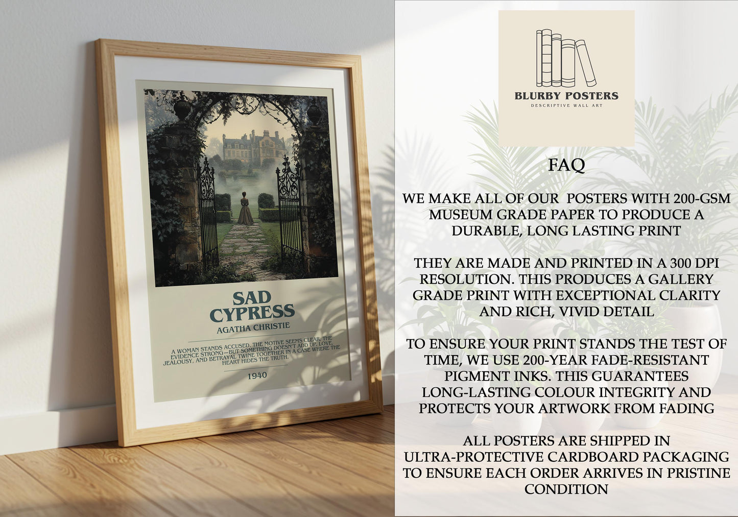 Sad Cypress by Agatha Christie Descriptive Poster Print. Free Delivery Wall Art Author & Blurb Book Artwork Novel Modern Gift