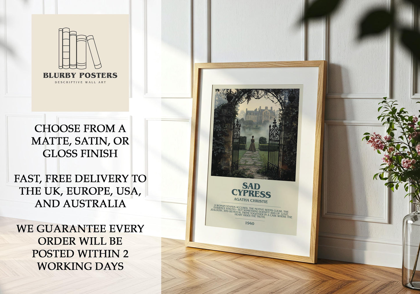 Sad Cypress by Agatha Christie Descriptive Poster Print. Free Delivery Wall Art Author & Blurb Book Artwork Novel Modern Gift