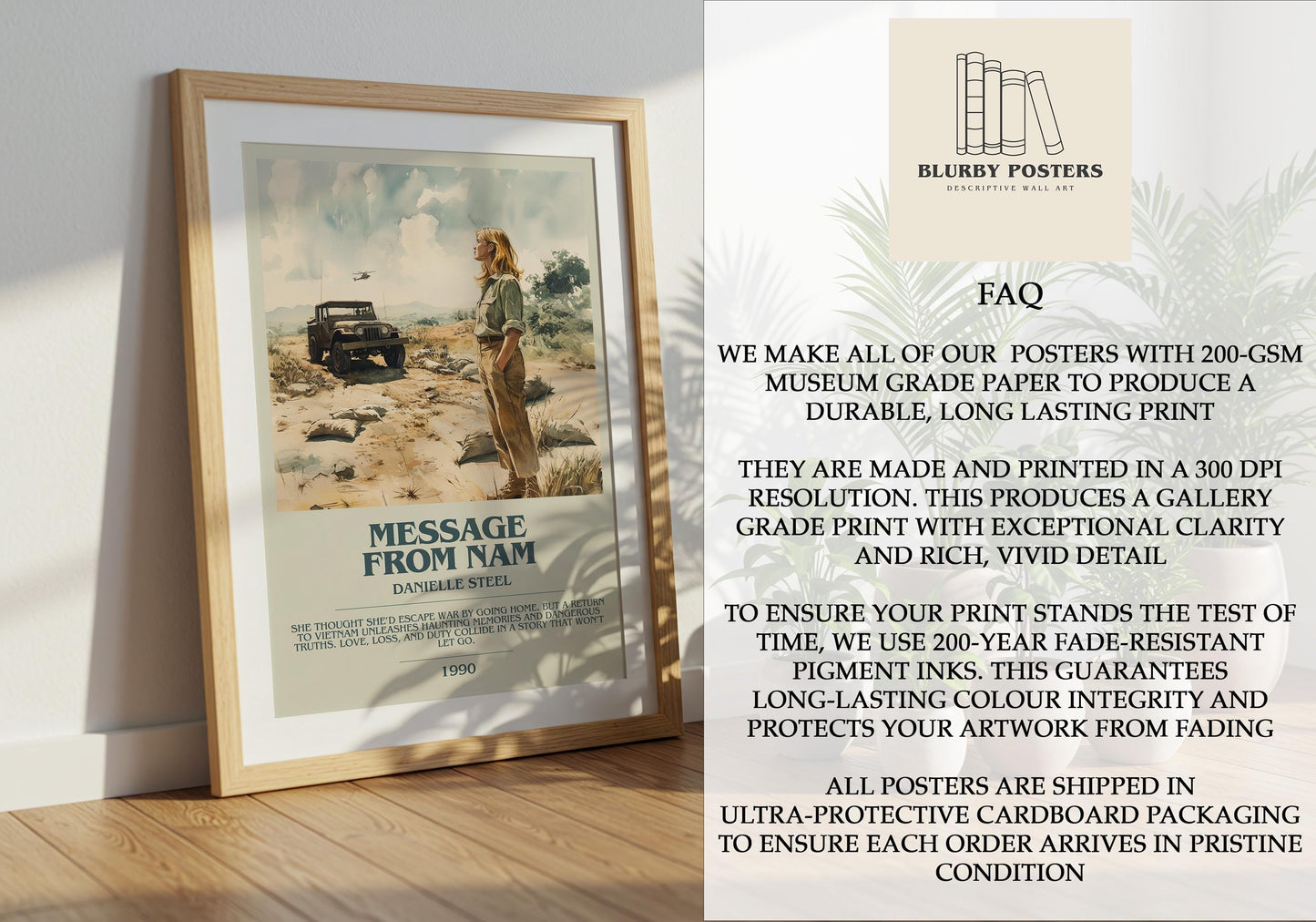 Message From Nam by Danielle Steel Descriptive Poster Print. Free Delivery Wall Art Author & Blurb Book Artwork Novel Modern Gift