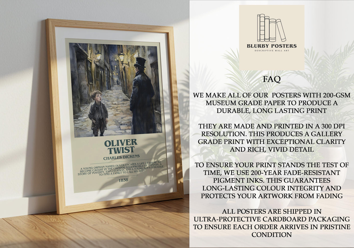 Oliver Twist by Charles Dickens Descriptive Poster Print. Free Delivery Wall Art Author & Blurb Book Artwork Novel Modern Gift
