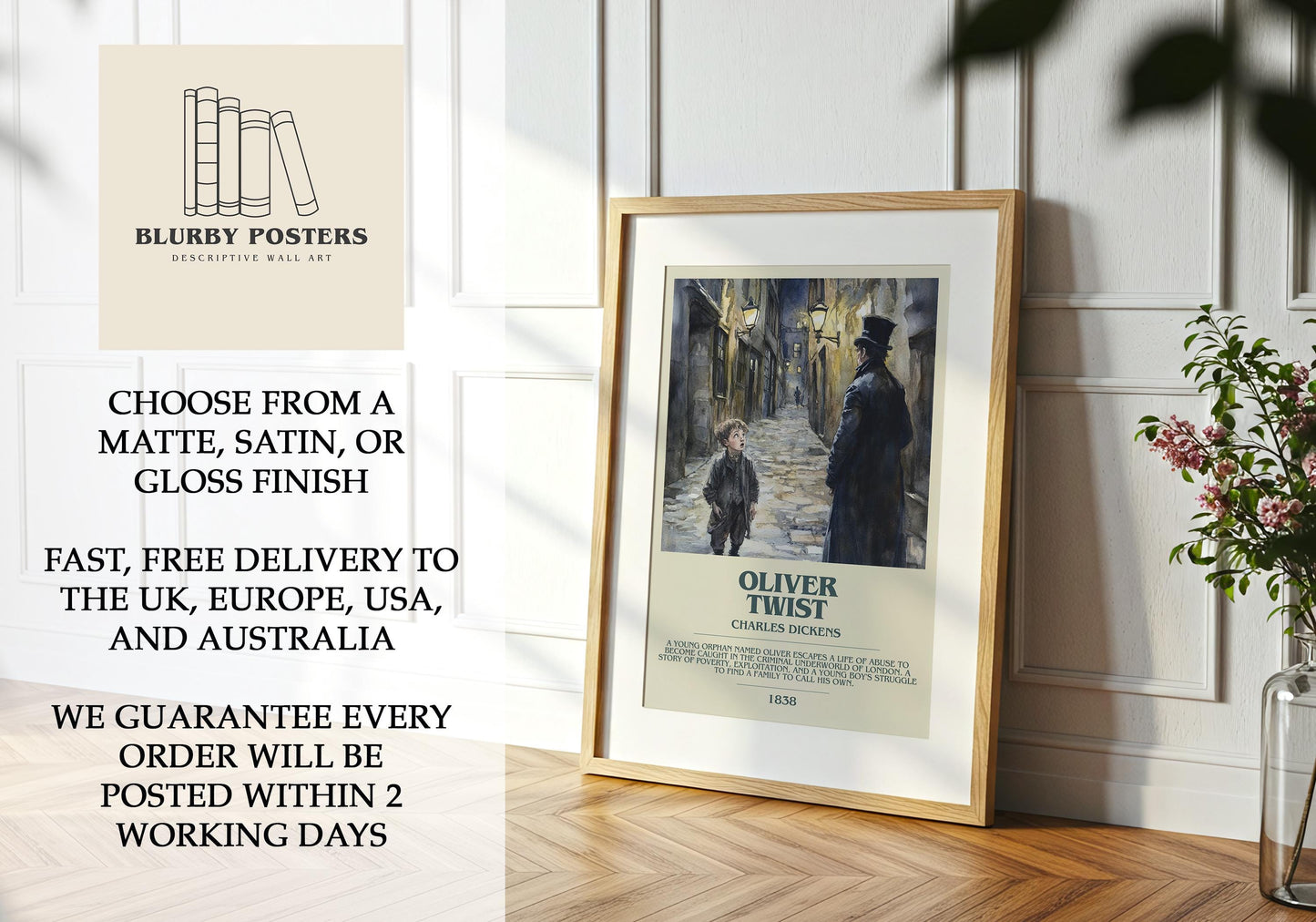 Oliver Twist by Charles Dickens Descriptive Poster Print. Free Delivery Wall Art Author & Blurb Book Artwork Novel Modern Gift