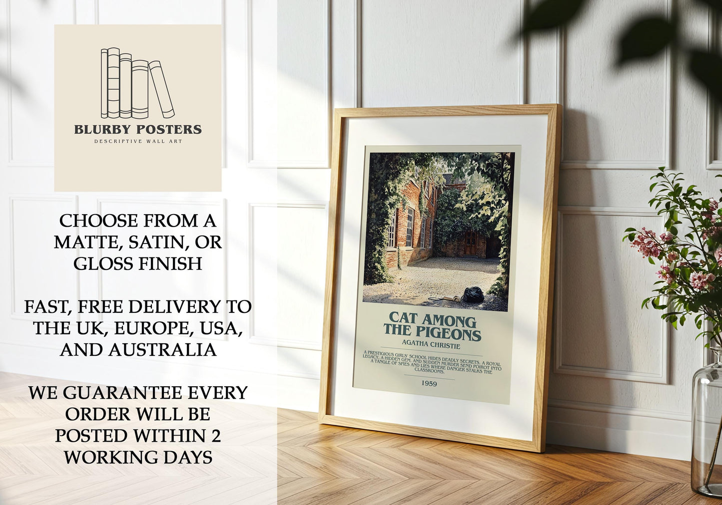 Cat Among The Pigeons by Agatha Christie Descriptive Poster Print. Free Delivery Wall Art Author & Blurb Book Artwork Novel Gift