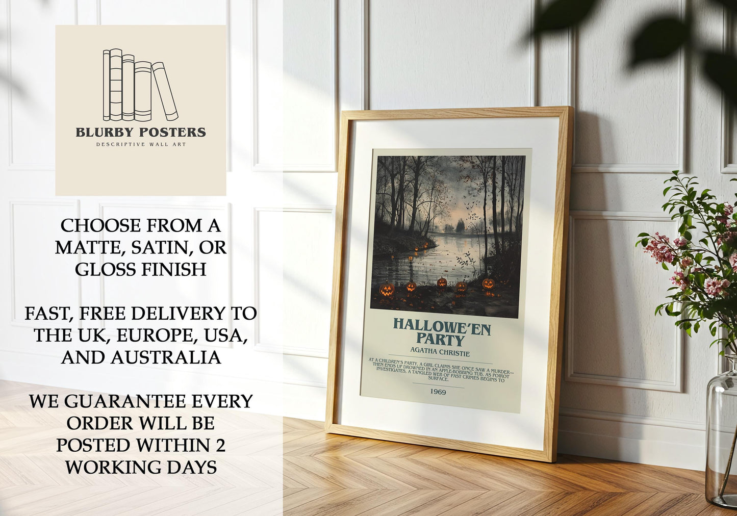 Halloween Party by Agatha Christie Descriptive Poster Print. Free Delivery Wall Art Author & Blurb Book Artwork Novel