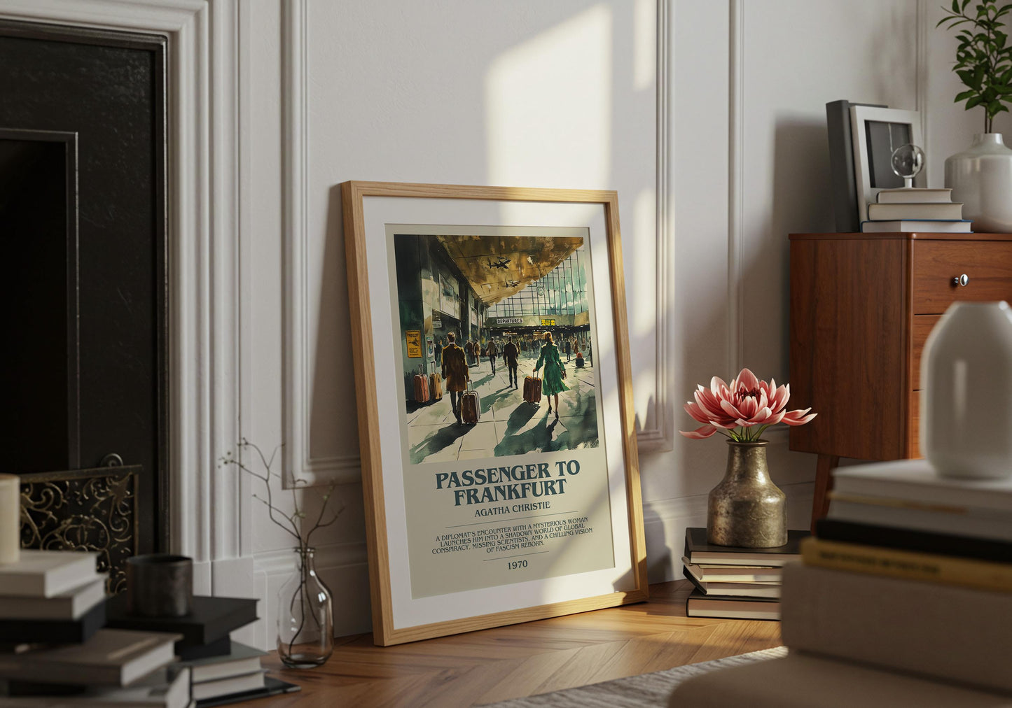 Passenger To Frankfurt by Agatha Christie Descriptive Poster Print. Free Delivery Wall Art Author & Blurb Book Artwork Novel
