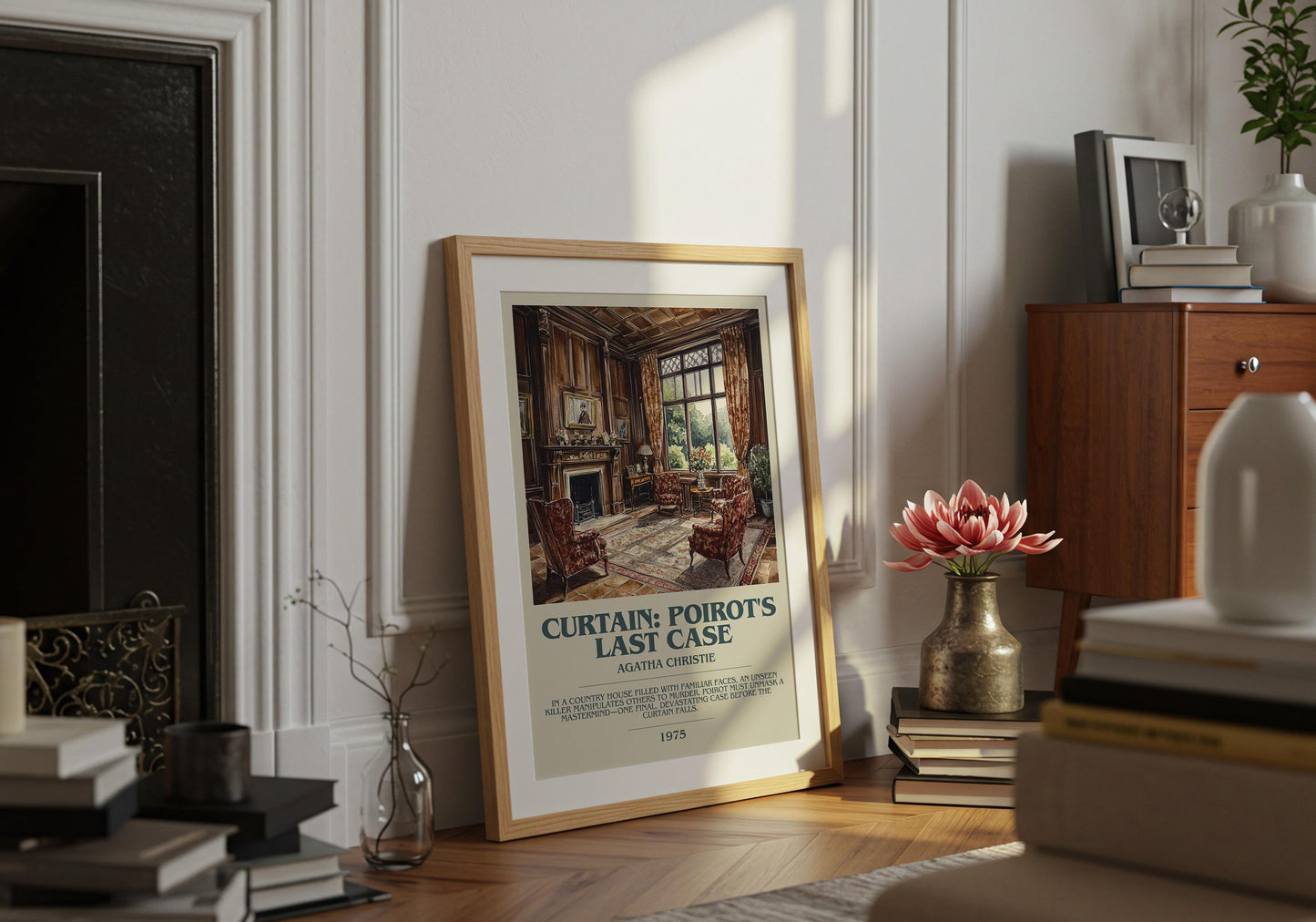 Curtain: Poirot's Last Case by Agatha Christie Descriptive Poster Print. Free Delivery Wall Art Author & Blurb Book Artwork Novel