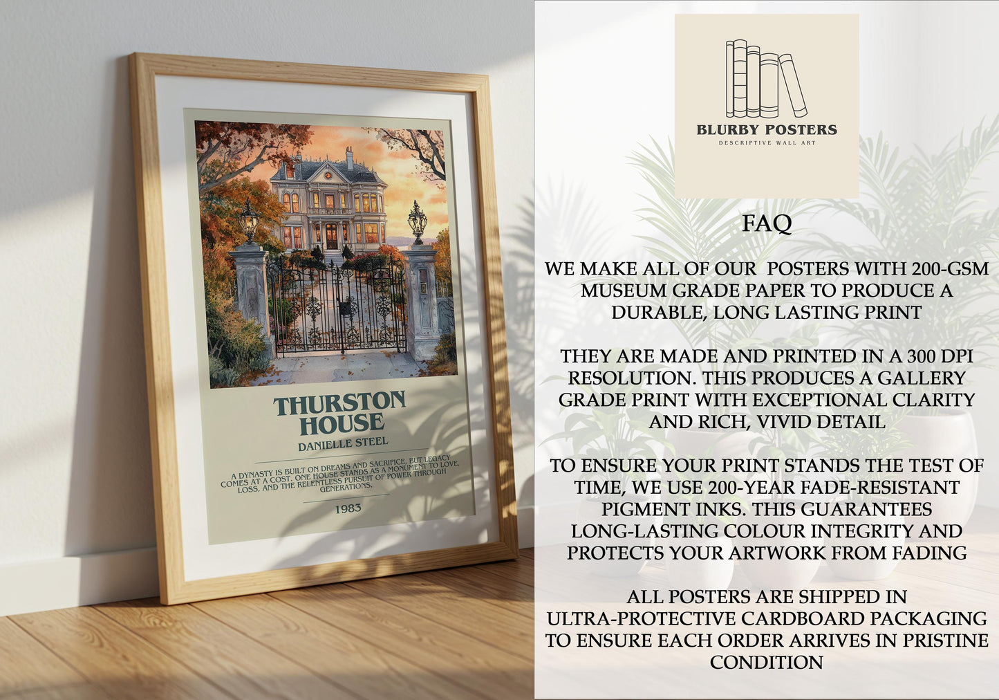 Thurston House by Danielle Steel Descriptive Poster Print. Free Delivery Wall Art Author & Blurb Book Artwork Novel