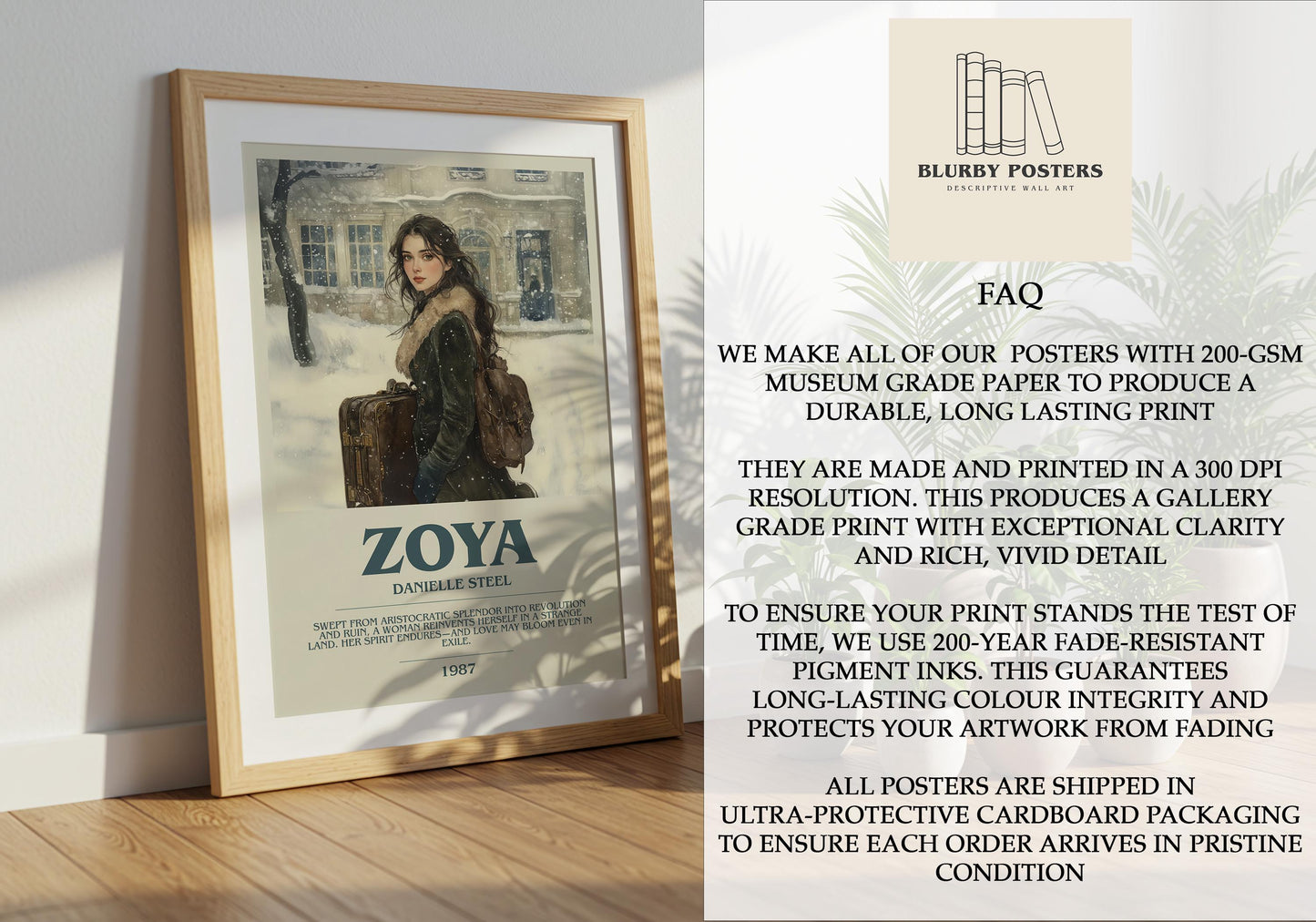 Zoya by Danielle Steel Descriptive Poster Print. Free Delivery Wall Art Author & Blurb Book Artwork Novel