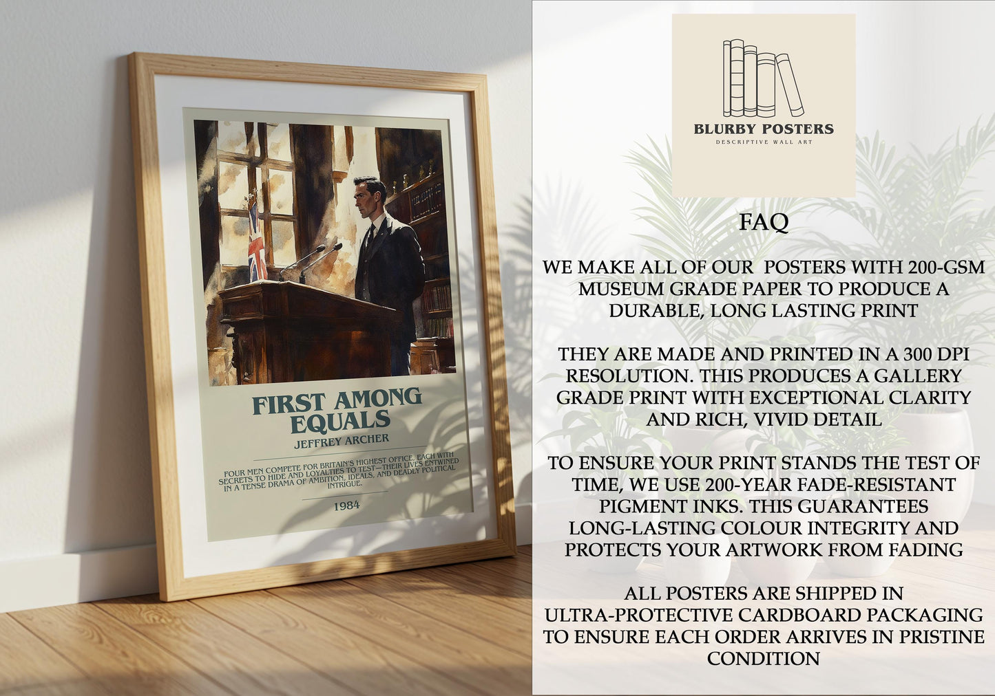 First Among Equals by Jeffrey Archer Descriptive Poster Print. Free Delivery Wall Art Author & Blurb Book Artwork Novel