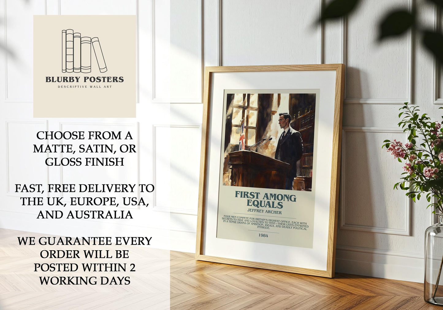 First Among Equals by Jeffrey Archer Descriptive Poster Print. Free Delivery Wall Art Author & Blurb Book Artwork Novel