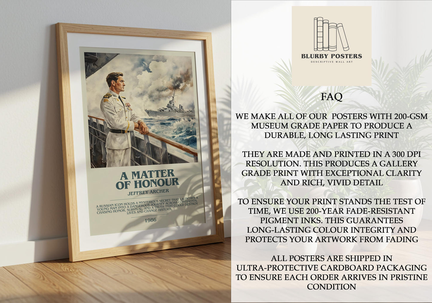 A Matter Of Honour by Jeffrey Archer Descriptive Poster Print. Free Delivery Wall Art Author & Blurb Book Artwork Novel