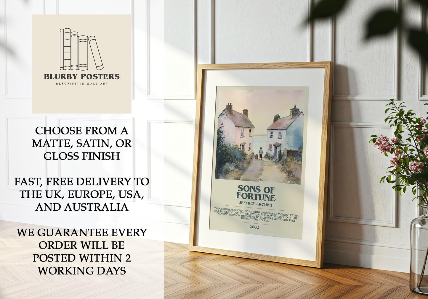 Sons Of Fortune by Jeffrey Archer Descriptive Poster Print. Free Delivery Wall Art Author & Blurb Book Artwork Novel