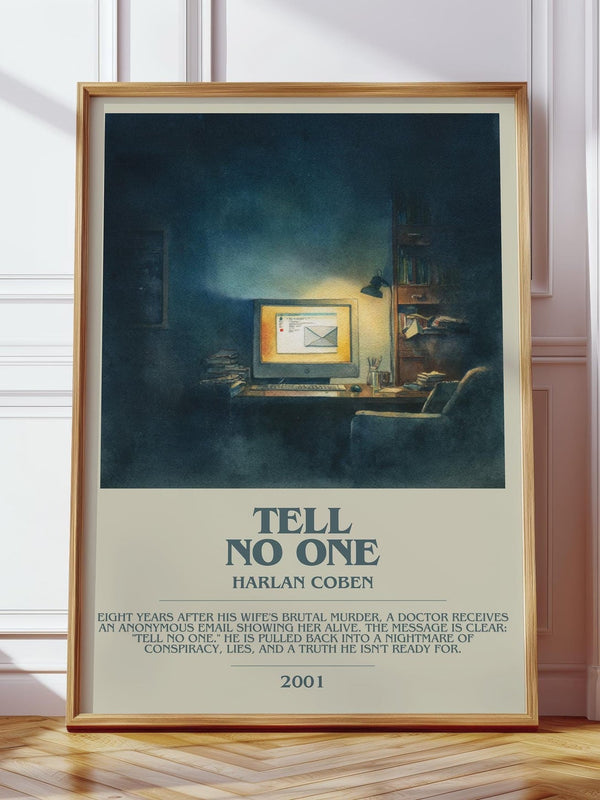 Tell No One bookish print in frame leaning in hallway – thriller wall art