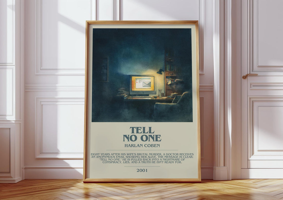 Tell No One bookish print in frame leaning in hallway – thriller wall art (mockup)