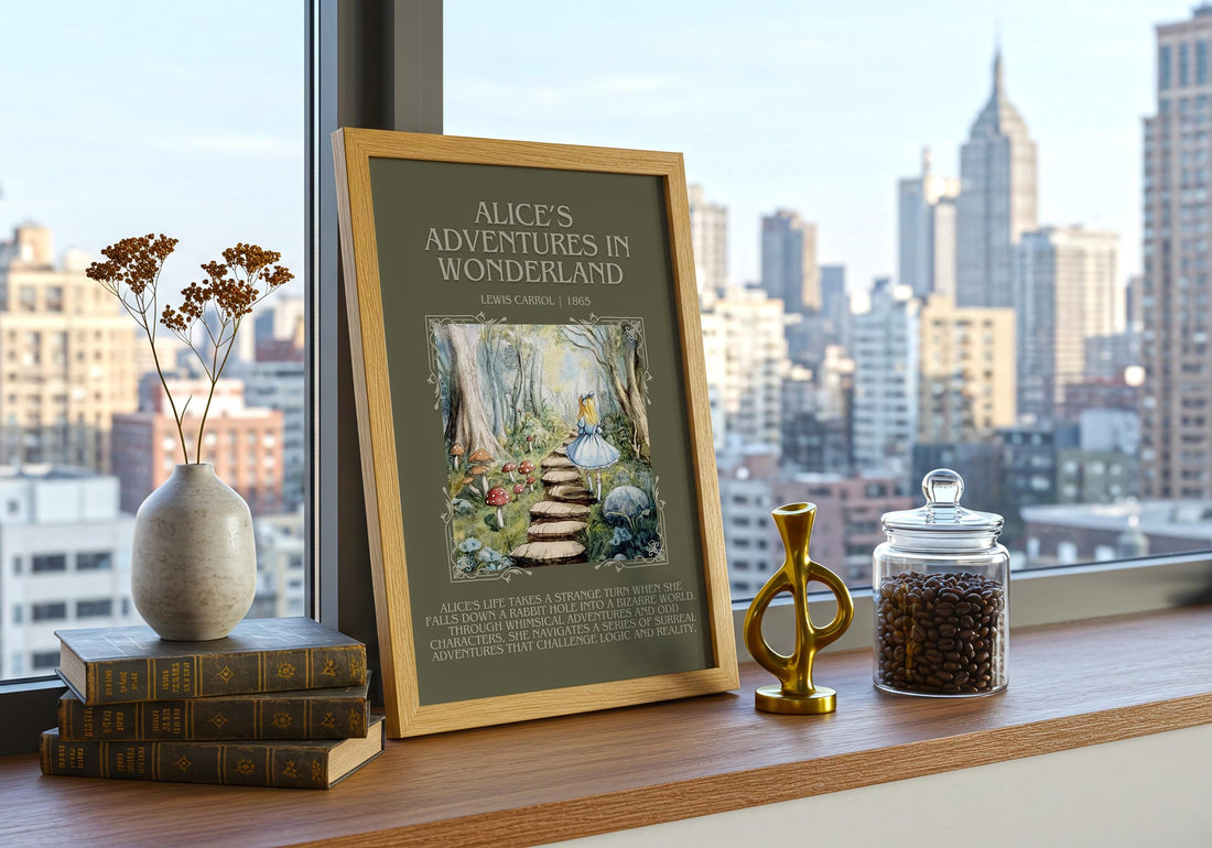 Alice's Adventures in Wonderland minimalist book poster framed on wall – childrens wall art (mockup)