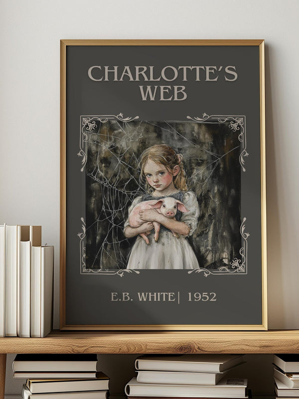Charlotte's Web classic book art print in frame leaning in hallway – childrens wall art