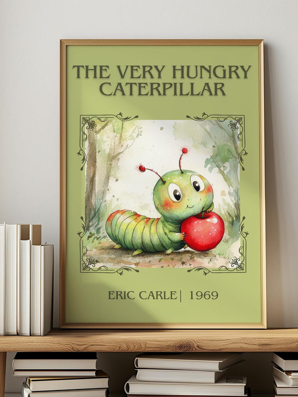 The Very Hungry Caterpillar classic book art print in frame leaning in hallway – childrens wall art