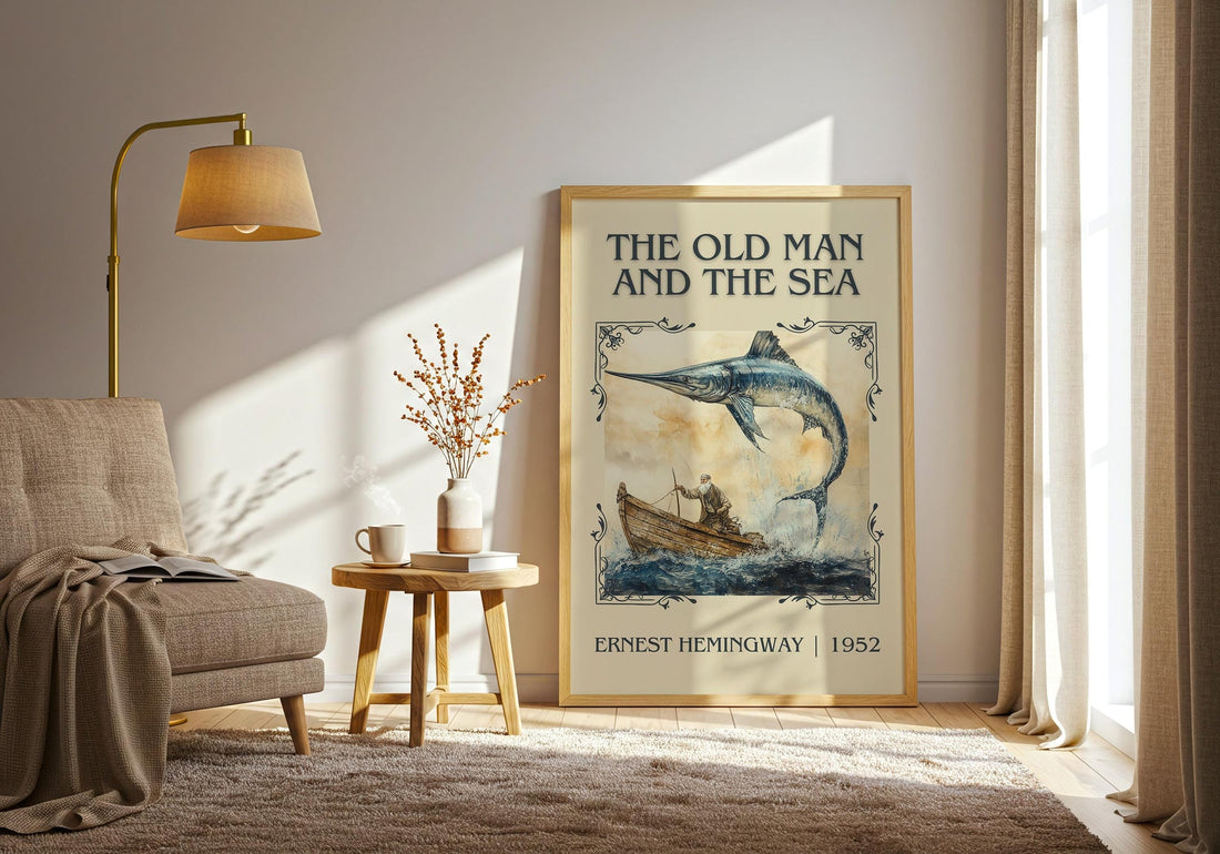 The Old Man and the Sea classic book art print paper finish options – matte satin gloss (mockup)