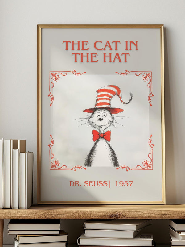 The Cat in the Hat classic book art print in frame leaning in hallway – childrens wall art