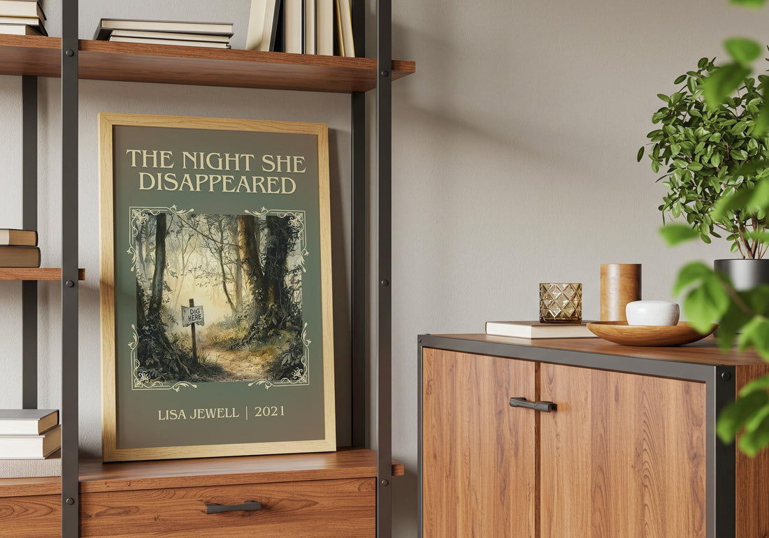 The Night She Disappeared classic book art print framed by window – literary home decor (mockup)