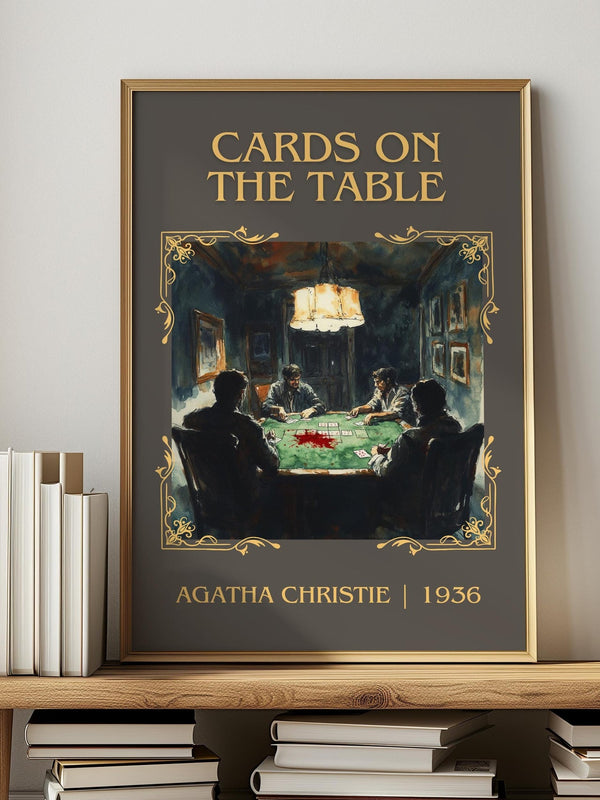 Cards on the Table classic book art print in frame leaning in hallway – mystery wall art