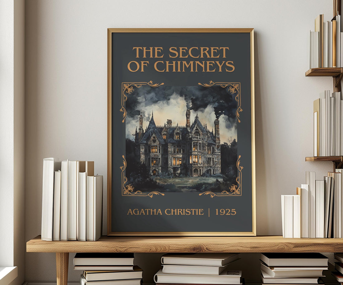 The Secret of Chimneys classic book art print in frame leaning in hallway – mystery wall art (mockup)