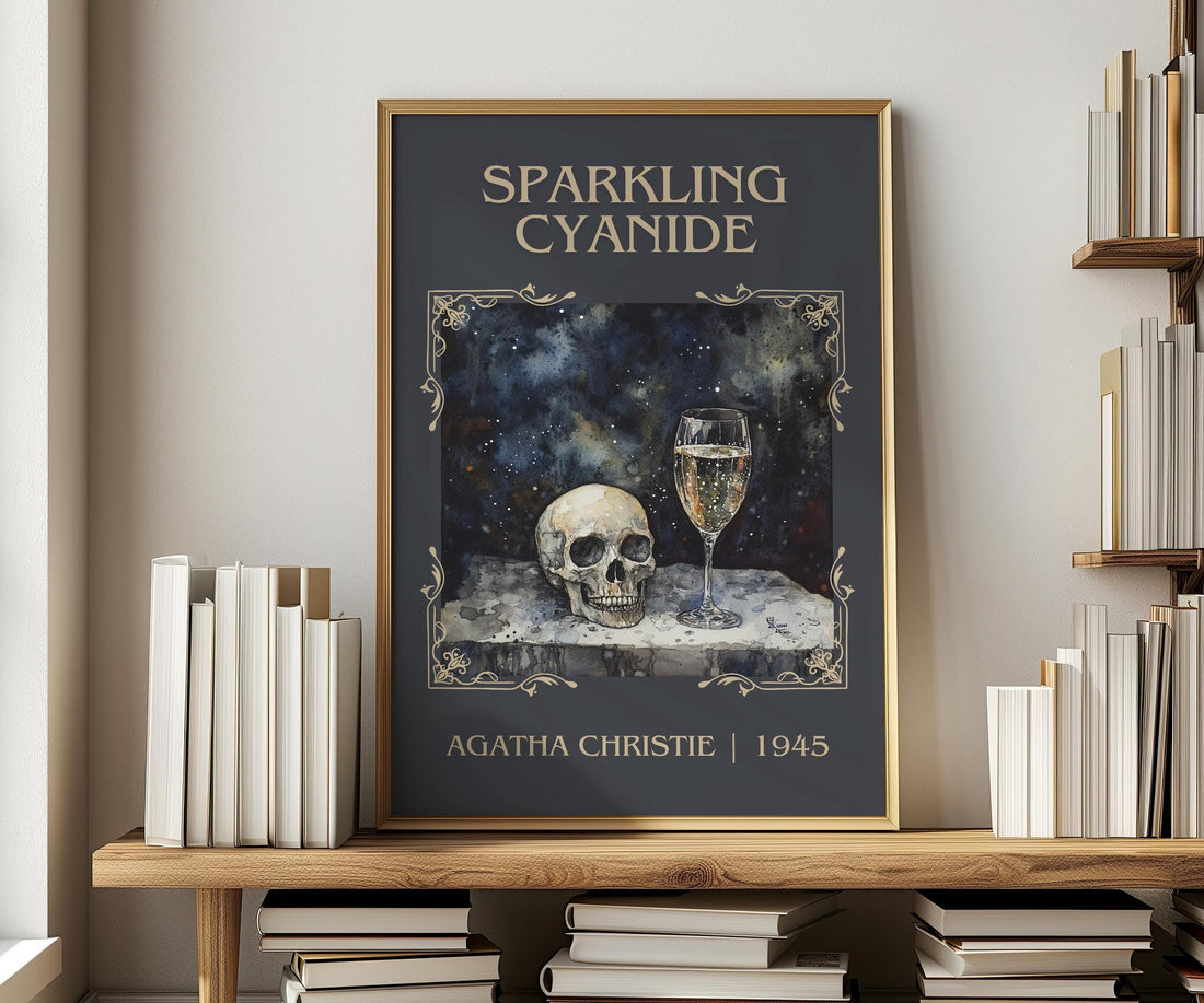 Sparkling Cyanide classic book art print in frame leaning in hallway – mystery wall art (mockup)