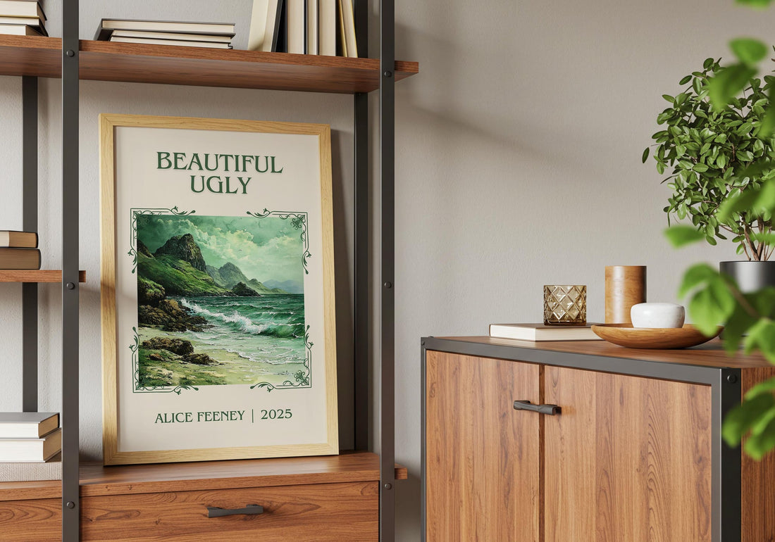 Beautiful Ugly classic book art print framed by window – literary home decor (mockup)