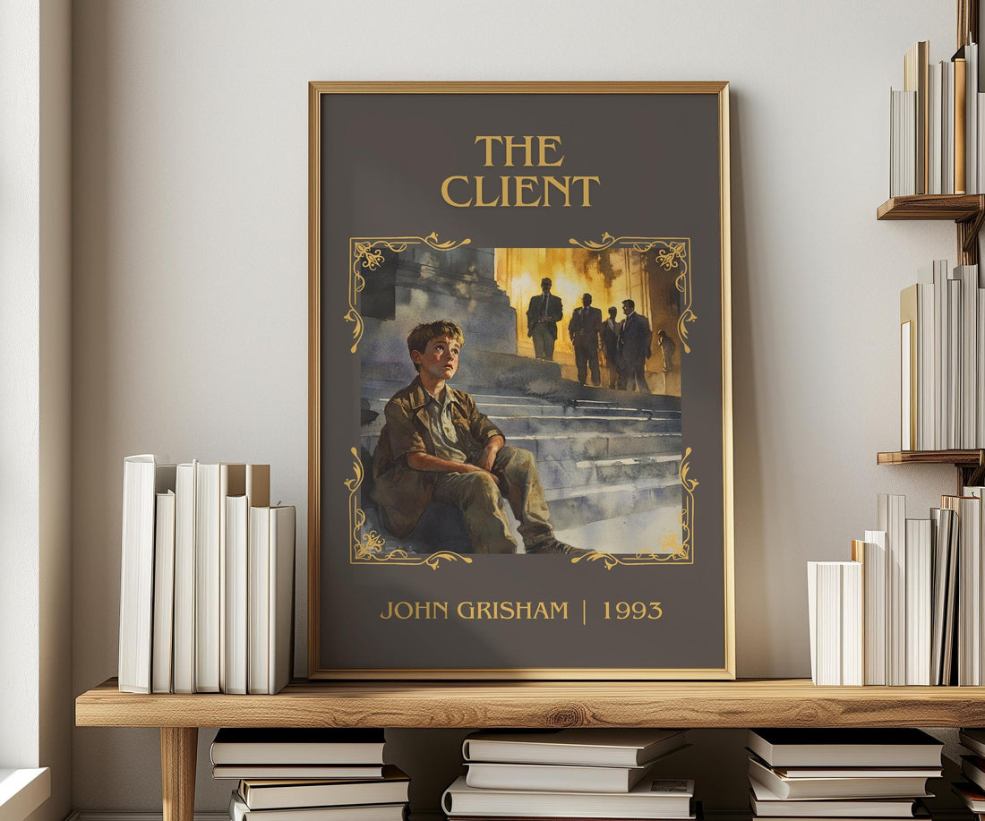 The Client classic book art print in frame leaning in hallway – thriller wall art (mockup)
