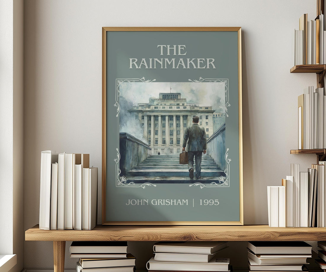 The Rainmaker classic book art print in frame leaning in hallway – thriller wall art (mockup)