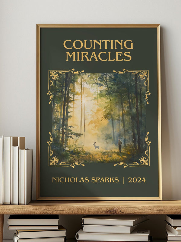 Counting Miracles classic book art print in frame leaning in hallway – romance wall art