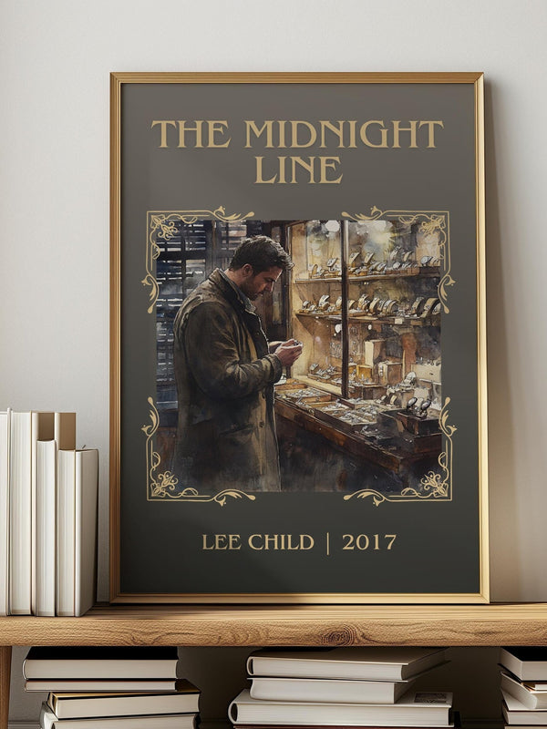 The Midnight Line classic book art print in frame leaning in hallway – thriller wall art