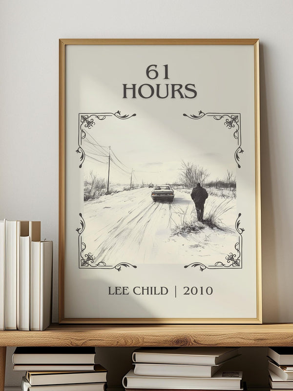 61 Hours classic book art print in frame leaning in hallway – thriller wall art