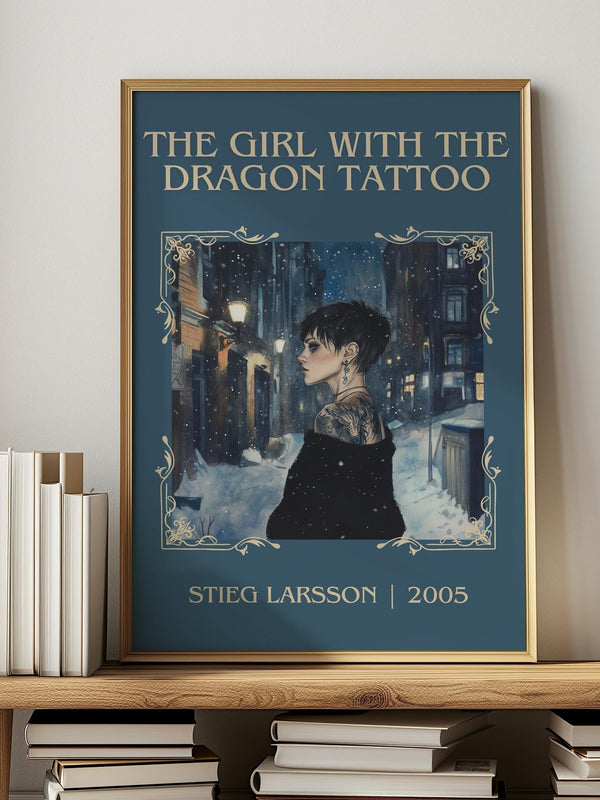 The Girl with the Dragon Tattoo classic book art print in frame leaning in hallway – crime wall art