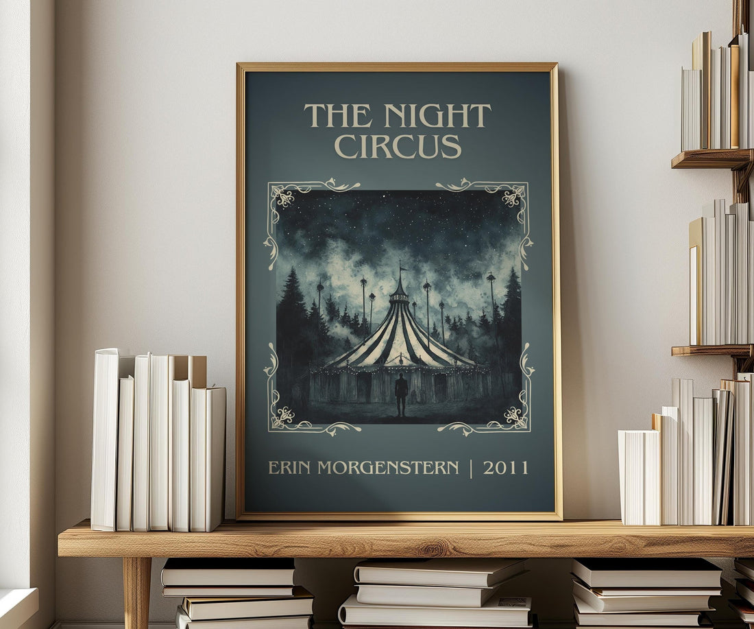 The Night Circus classic book art print in frame leaning in hallway – fantasy wall art (mockup)