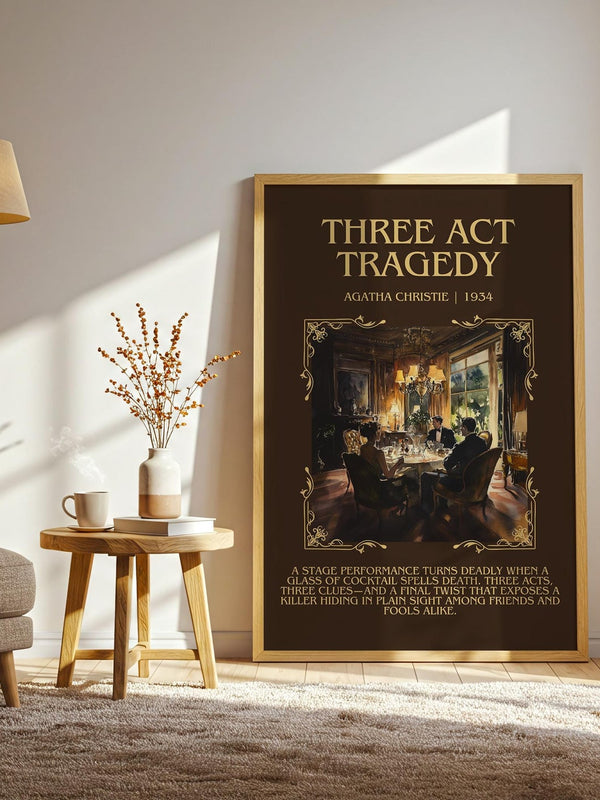 Three Act Tragedy minimalist print framed by window – literary home decor