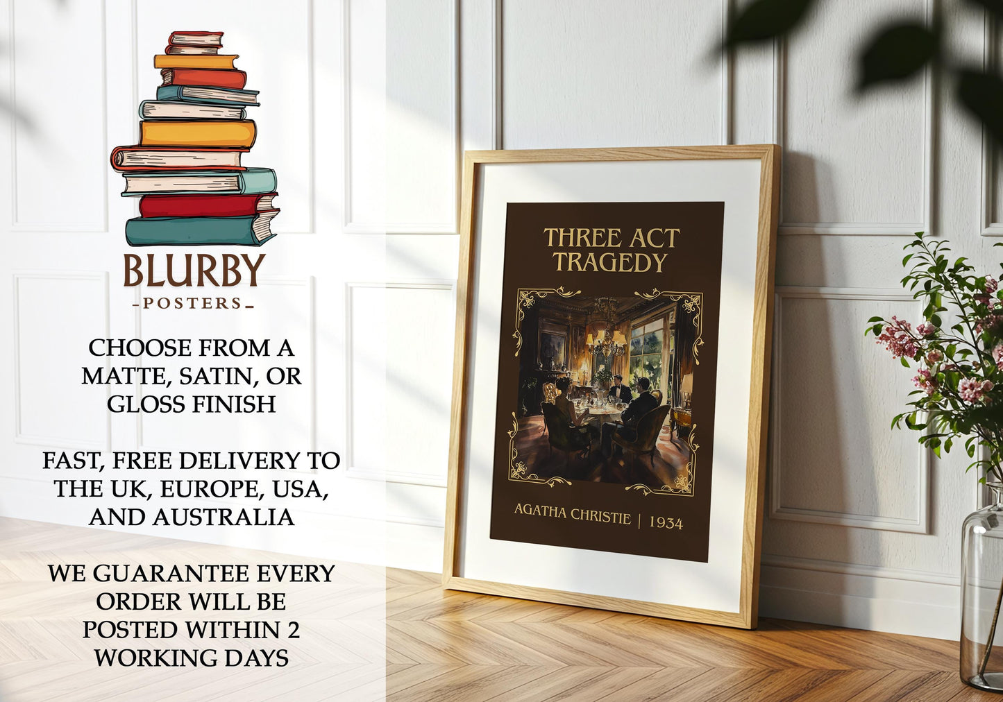 Three Act Tragedy book poster packaging – museum-quality print rolled in protective tube