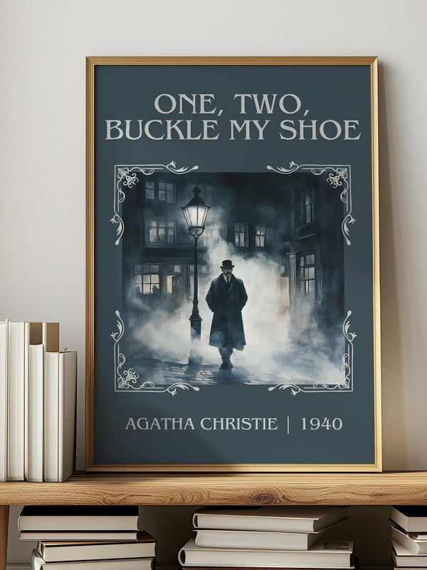 One, Two, Buckle My Shoe classic book art print in frame leaning in hallway – mystery wall art