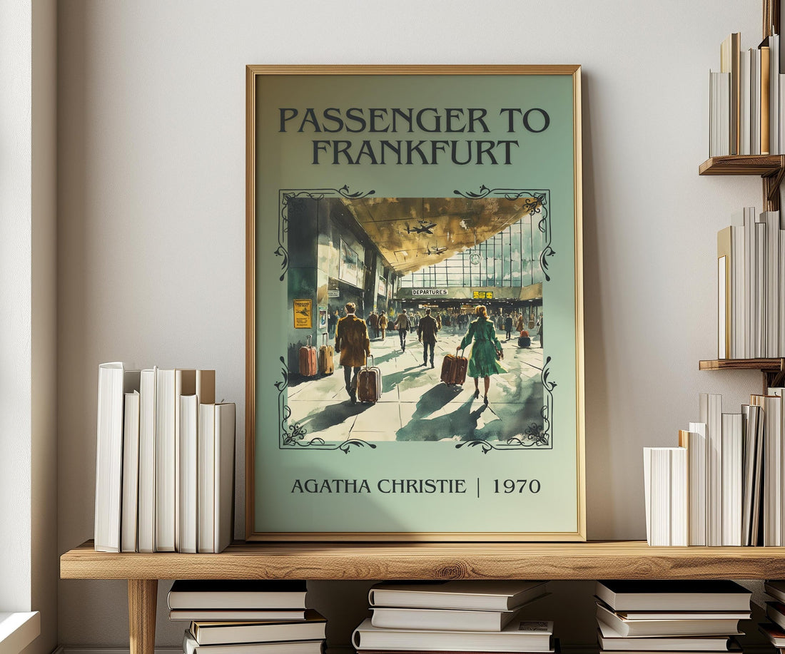 Passenger to Frankfurt classic book art print in frame leaning in hallway – thriller wall art (mockup)
